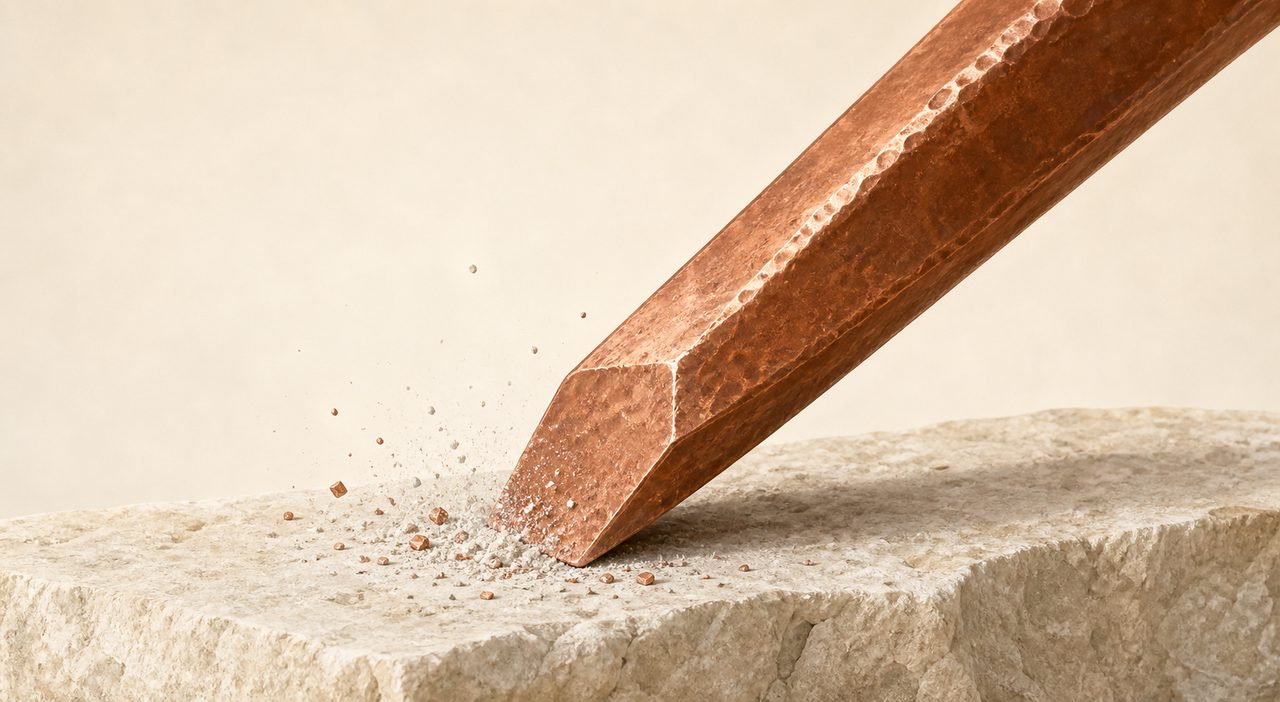 Close view of a hammered copper chisel biting into a limestone block, throwing up pale stone dust and small bright flecks of copper worn off the edge.