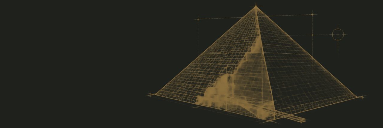 Cutaway blueprint of the Great Pyramid, its casing drawn as surveyed blocks over the internal ramp and chamber geometry.