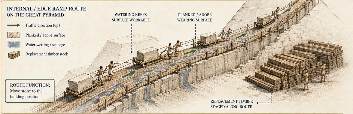 Schematic of workers pulling sledges up a changing ramp route with wetted and planked surface areas and replacement timber stacked beside the route.