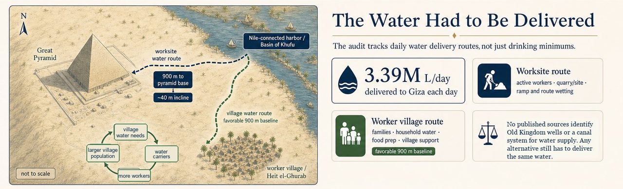 Schematic of the Great Pyramid, the Nile-connected harbor, the worksite water route, and the worker village route.
